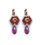 Mariana Earrings Hexagon in Siam, Padparadscha & Cyclamen Opal Austrian Crystals Nature Coll.