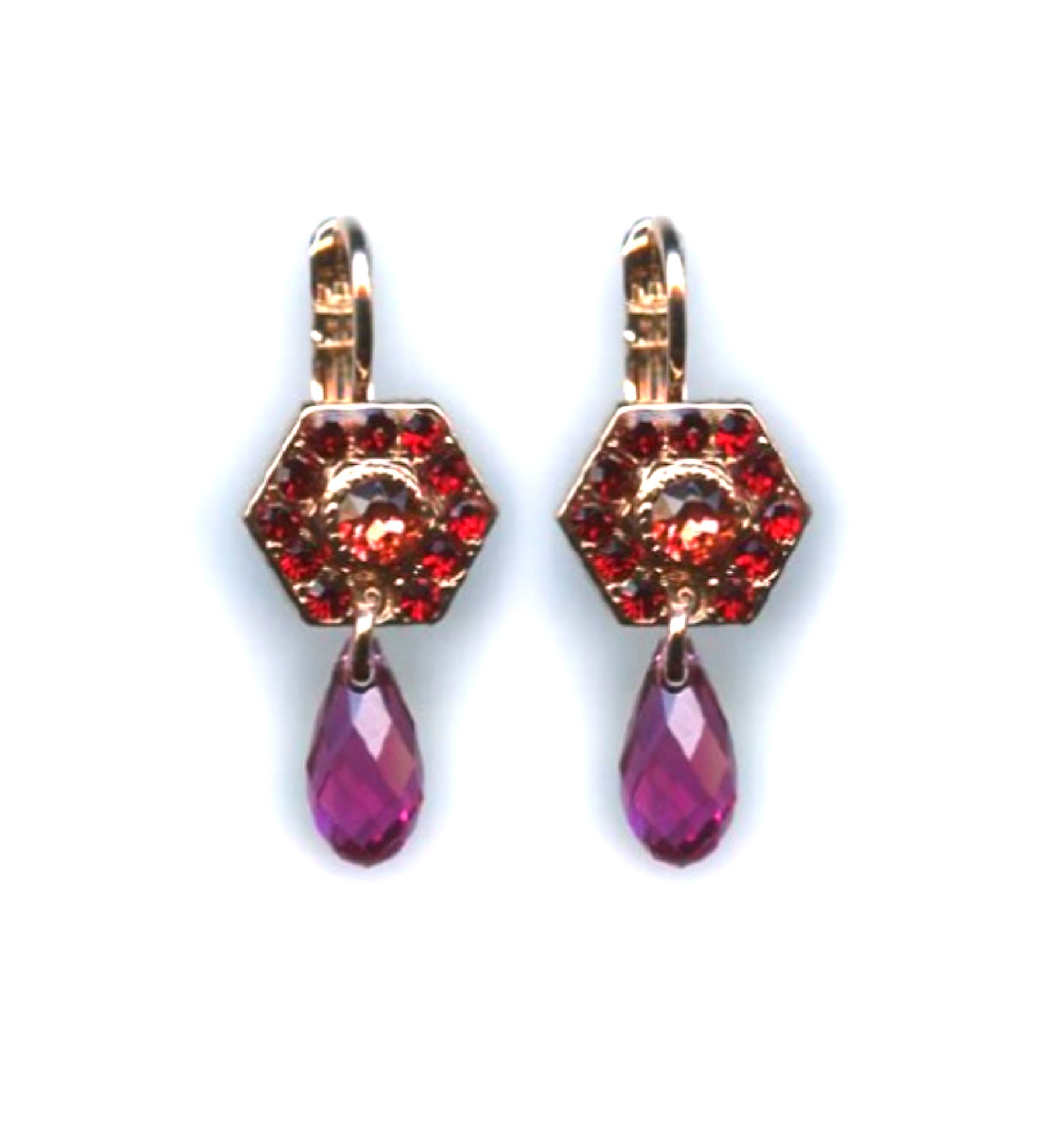 E-1040-2-2140-RG6 (1) Mariana Earrings Hexagon in Siam, Padparadscha & Cyclamen Opal Austrian Crystals Nature Coll. - Image 1