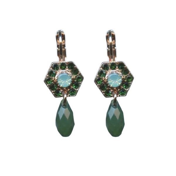 Mariana Earrings Hexagon Shaped Dangling Greens Austrian Crystals Fern Nature Coll.