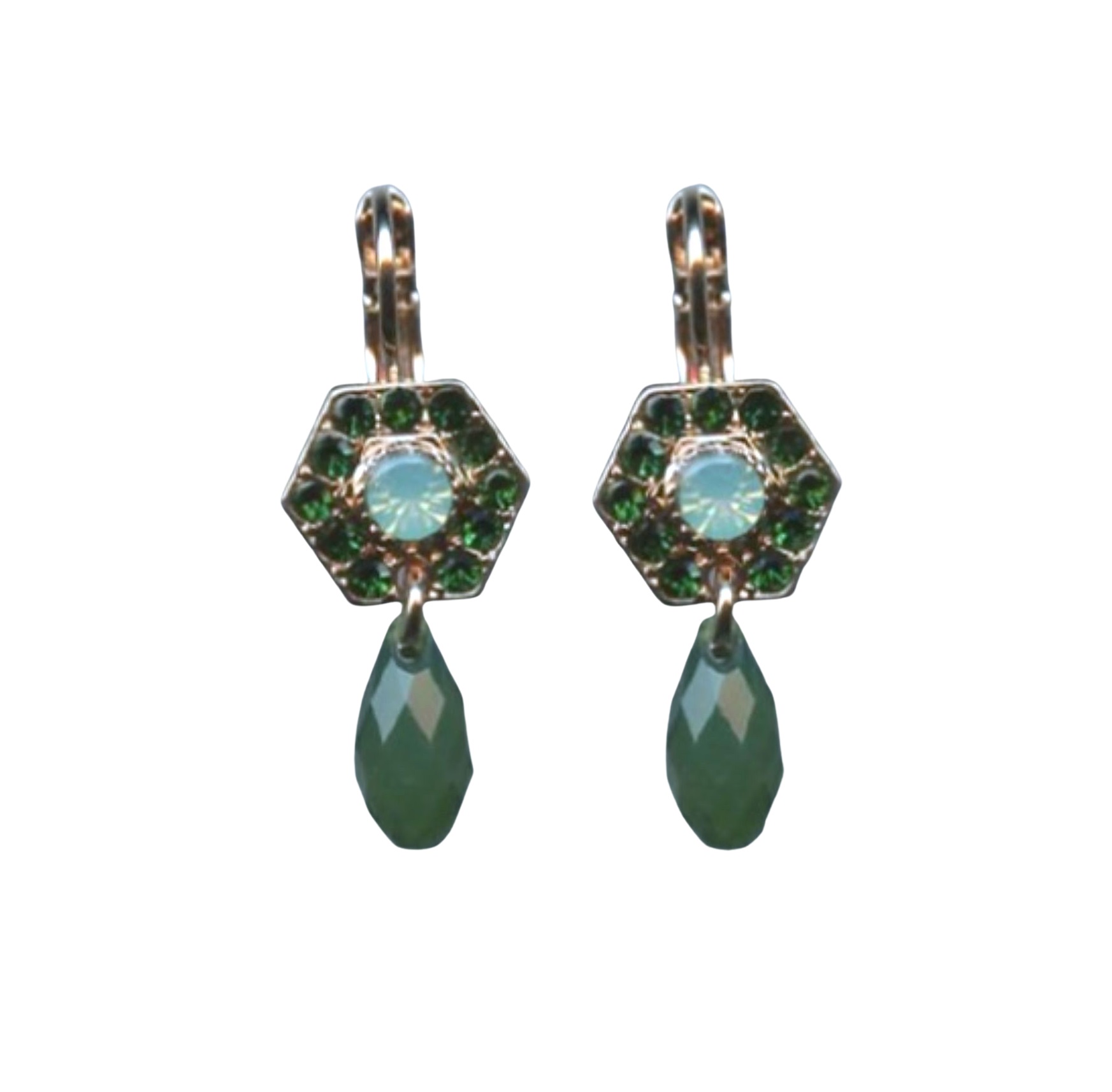 E-1040-2-2143-RG6 (1) Mariana Earrings Hexagon Shaped Dangling Greens Austrian Crystals Fern Nature Coll. - Image 1