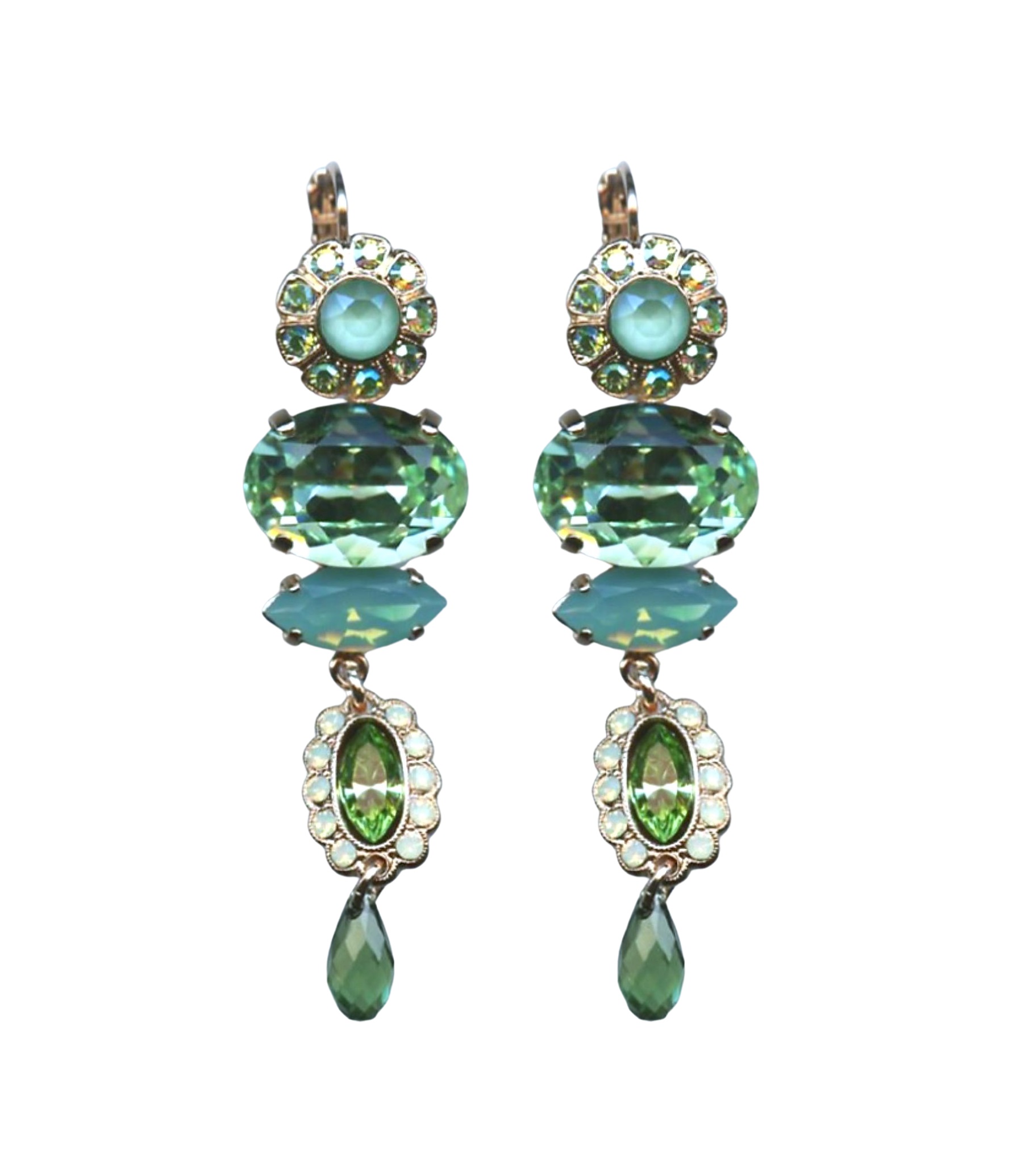 E-1076-2143-RG6 (1) Mariana Earrings Fashionable Multi Tier Greens Austrian Crystals Fern Nature Coll. - Image 1