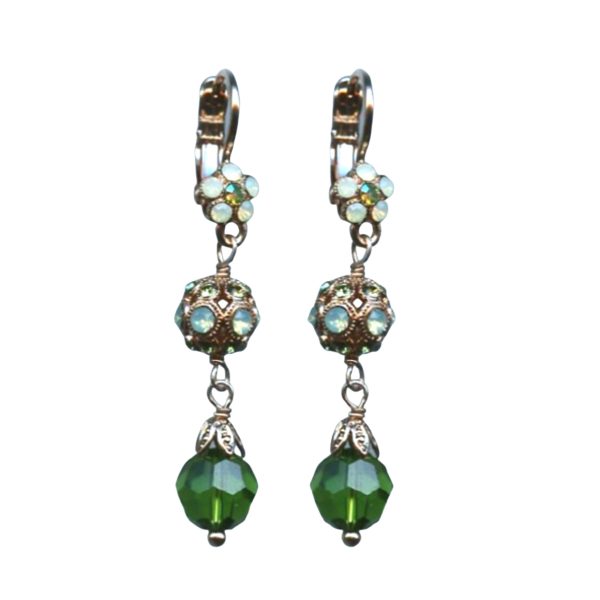 Mariana Earrings Triple Tier Floral Greens Austrian Crystals Fern Nature Coll.