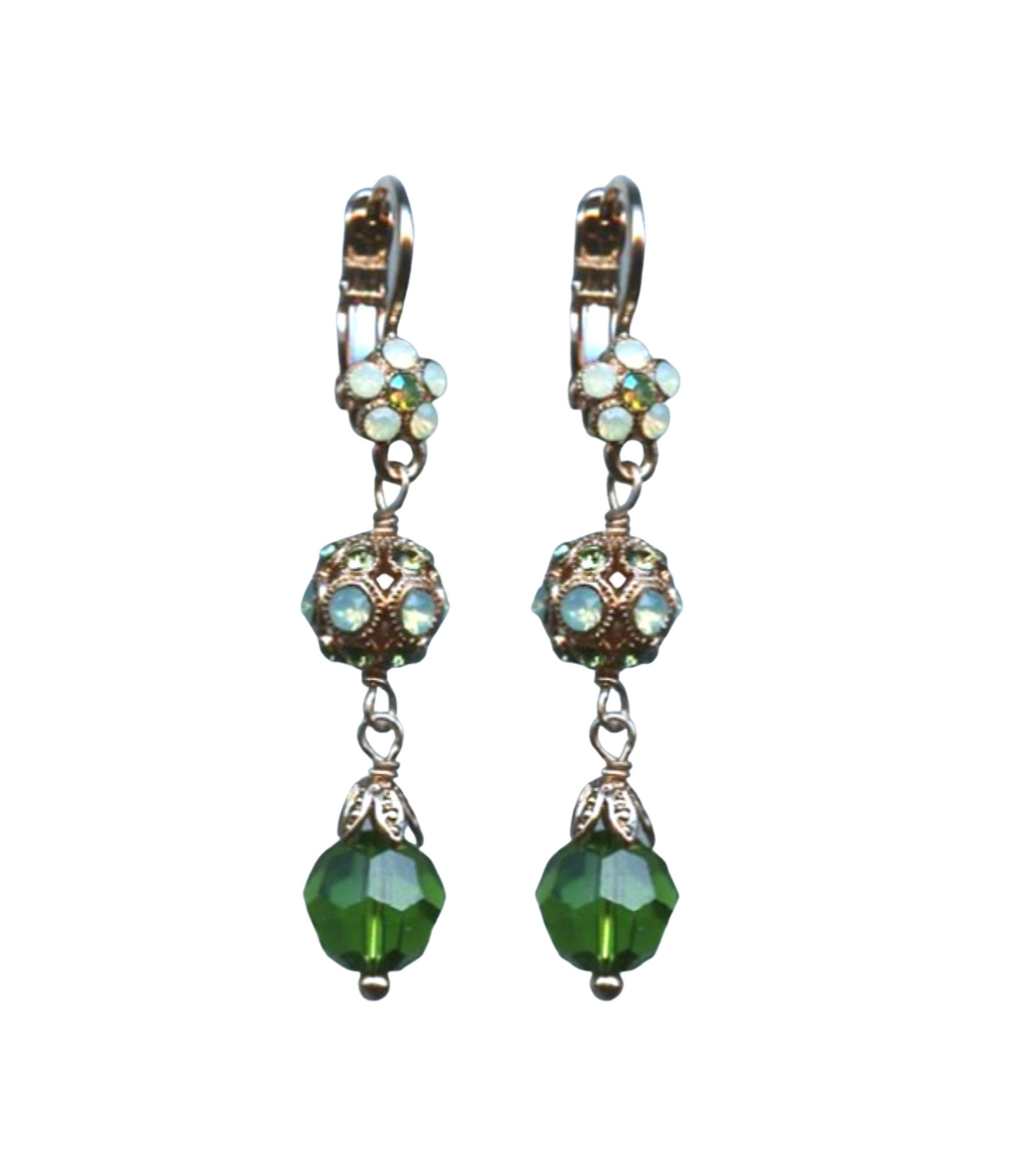 E-1134-2143-RG6 (1) Mariana Earrings Triple Tier Floral Greens Austrian Crystals Fern Nature Coll. - Image 1