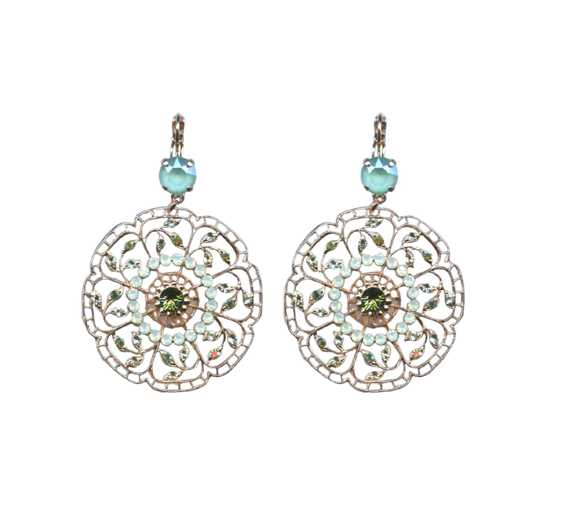 E-1210-2143-RG6 (1) Mariana Earrings Boho Chic in Green Tourmaline & Mint Green Austrian Crystals Fern Nature Coll. - Image 1