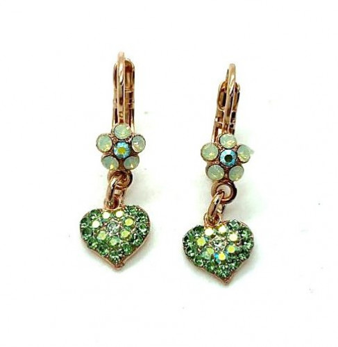 Mariana Earrings Floral Heart Dangling in Greens Austrian Crystals Fern Nature Coll.