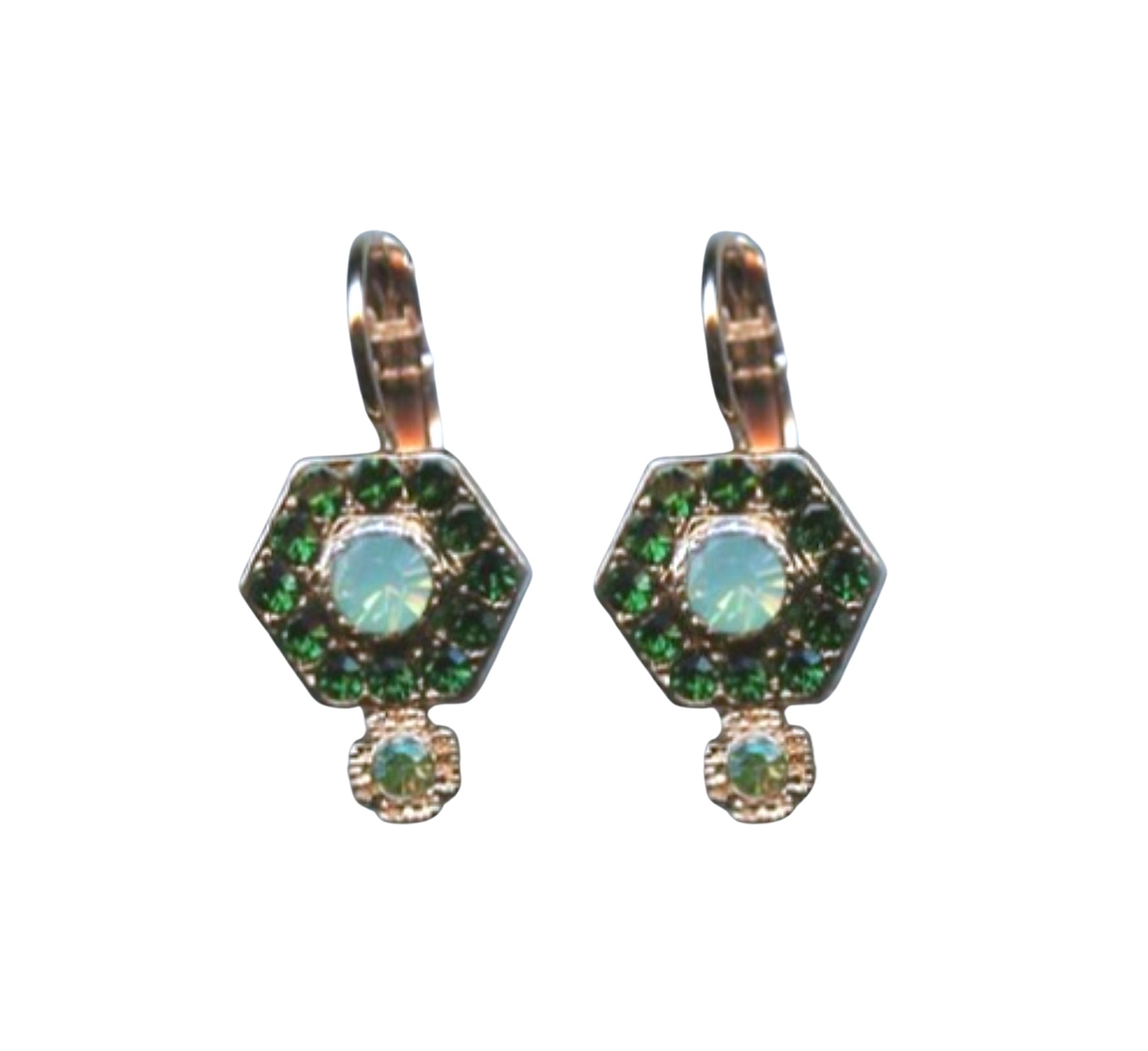 E-1411-3-2143-RG6 (1) Mariana Earrings Fab Hexagon Shaped Beaded Tourmaline, Mint Green & Peridot Austrian Crystals Fern Nature Coll. - Image 1