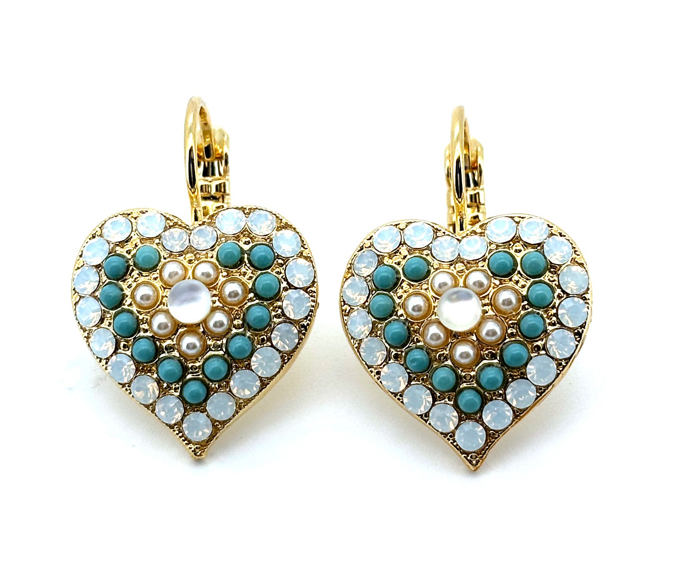 E-1007-M87-1-YG6 (2) Earrings By Mariana Woman Heart Shaped Turquoise Mineral and Opal Swarovski Crystals - Image 1