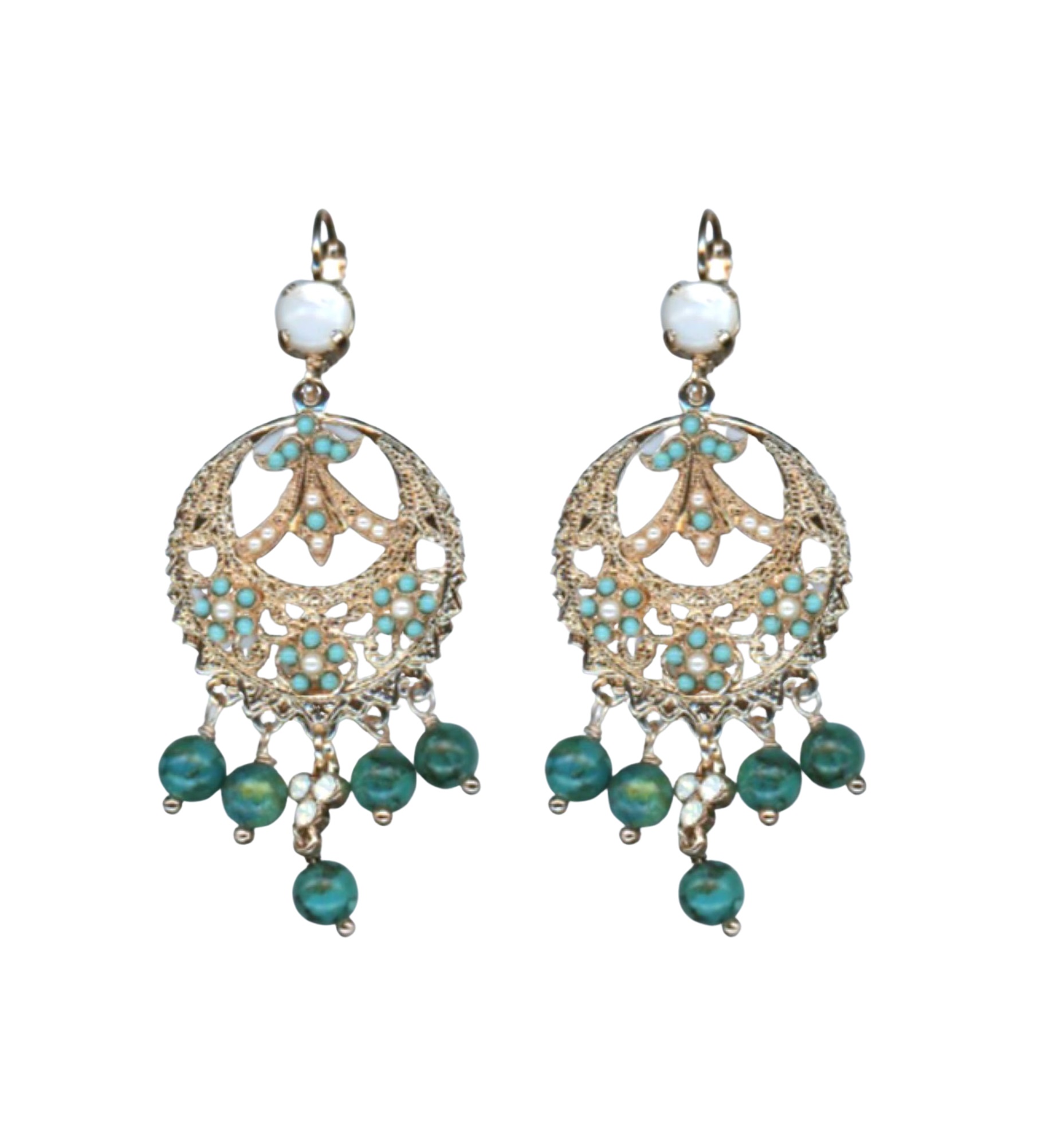 E-1043-1-M87-1-RG6 (1) Mariana Earrings Fab White Shell & Turq Mineral w/ Blue Zircon Austrian Crystals New Moon Mystique Winter 2019 Coll. - Image 1