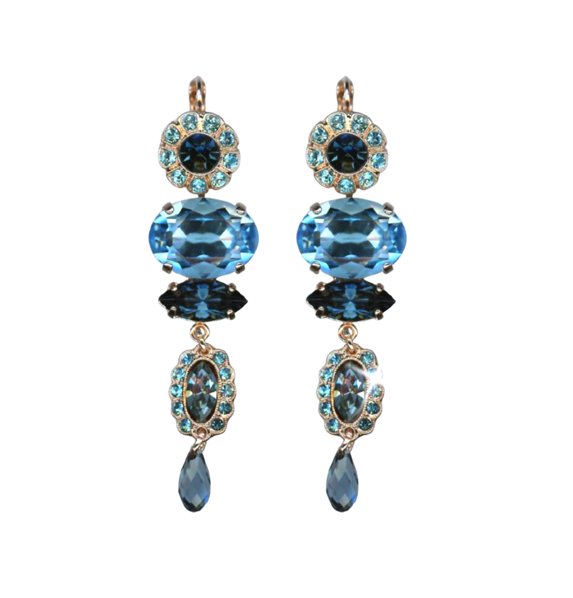 E-1076-1114-RG6 (1) Earrings By Mariana Mystique Coll. Multi Tier Dangling Blues Swarovski Crystals - Image 1