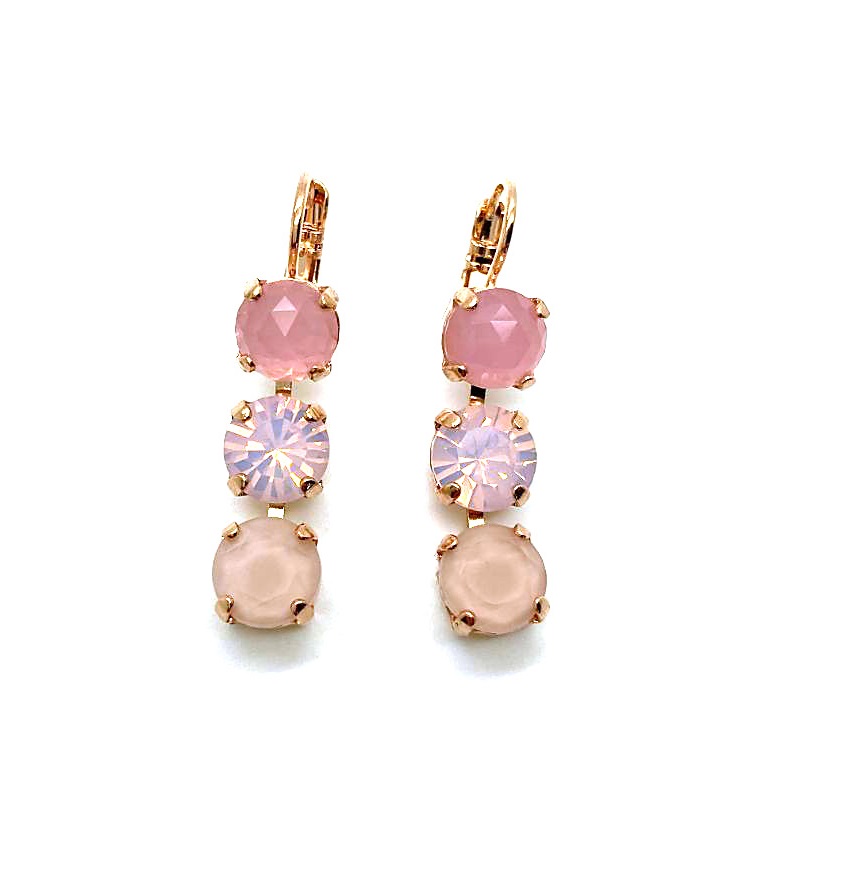 E-1440-1-M14-2-RG6 (3) Mariana Earrings Triple Tier Rose Quartz Mineral & Pinks Austrian Crystals My Treasures Coll. - Image 1