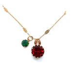 Mariana Necklace Pendant Duo Rich Crimson Red, Green Opal & Amber Austrian Crystals Poppy East Meets West Coll.