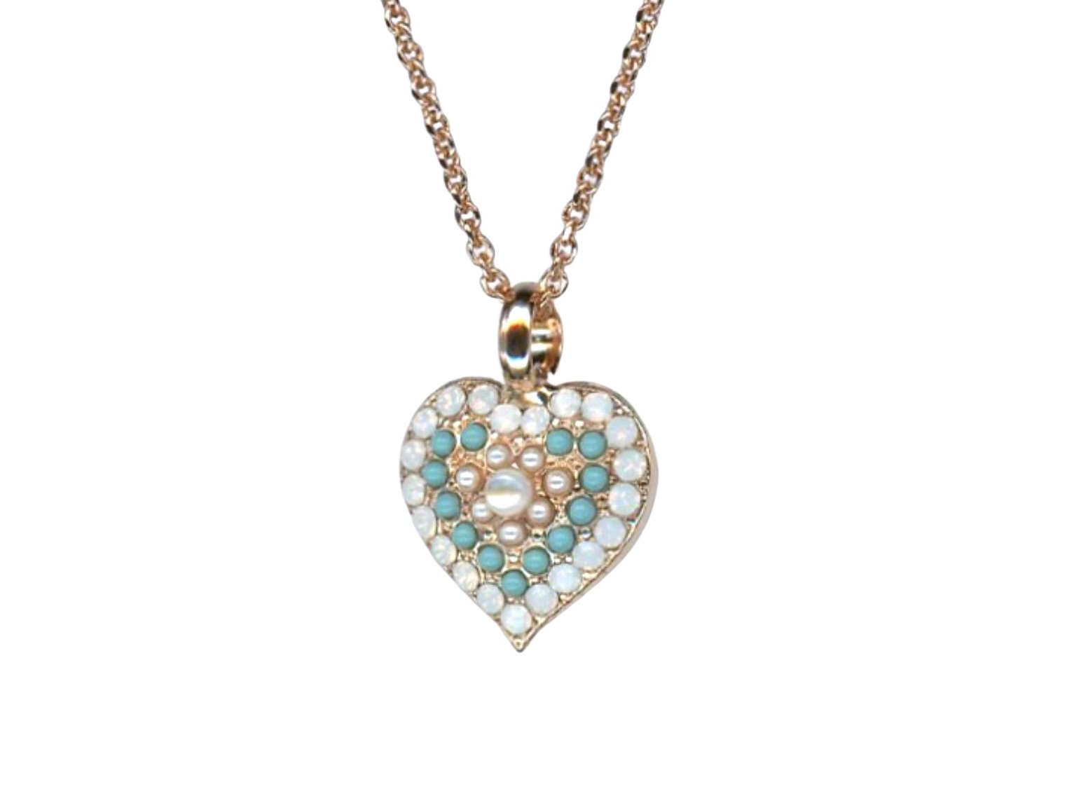 N-5700-2-M87-1-RG (1) Mariana Necklace Pendant Heart Shaped Turq & White Shell Mineral w/ White Opal & Pearl Austrian Crystals New Moon Mystique Coll. - Image 1