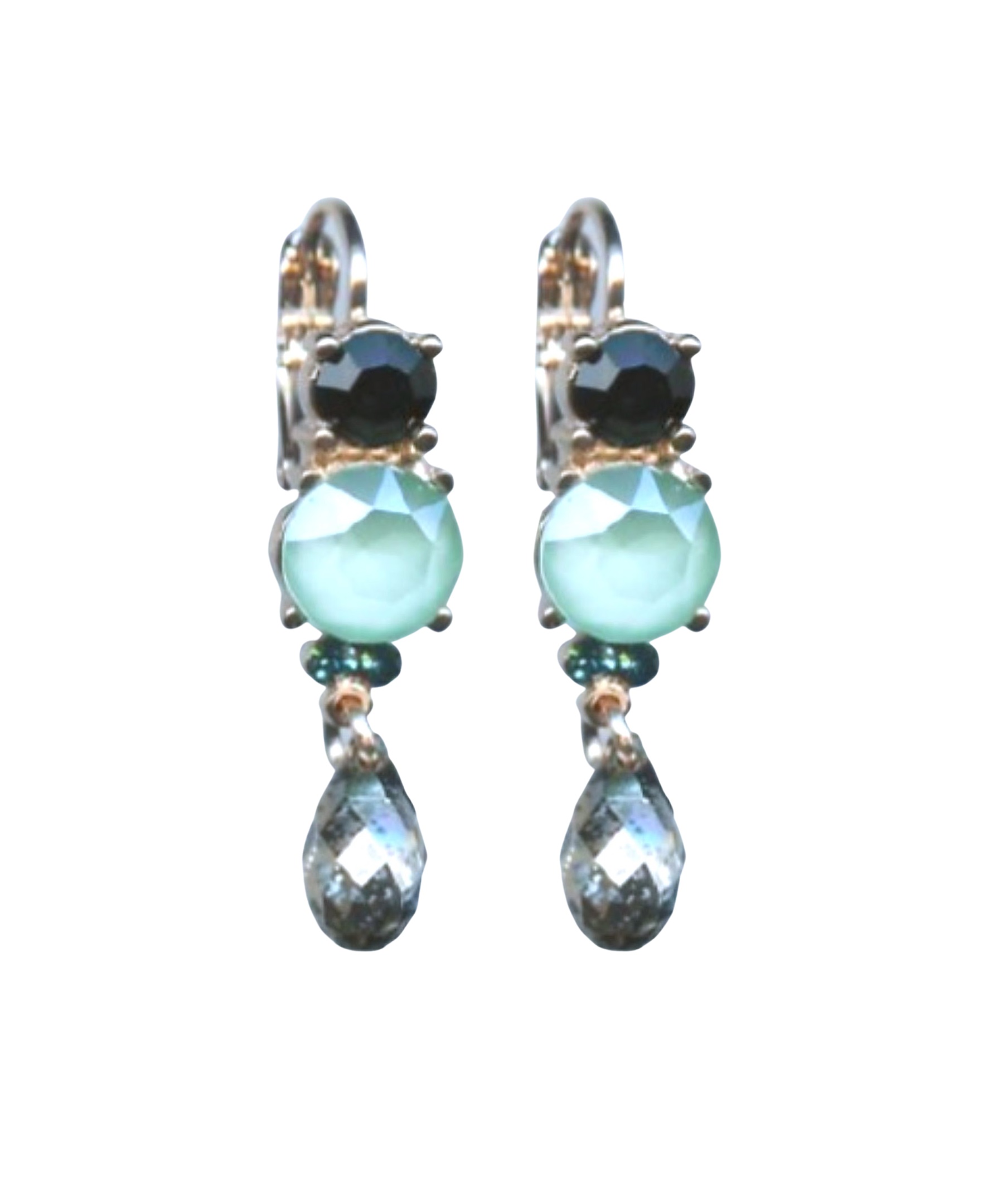 E-1012-1-125-RG6 (1) Mariana Earrings Triple Tier Jet, Pacific Opal, Aquamarine & Clear Austrian Crystals Winter 2019 Coll. - Image 1