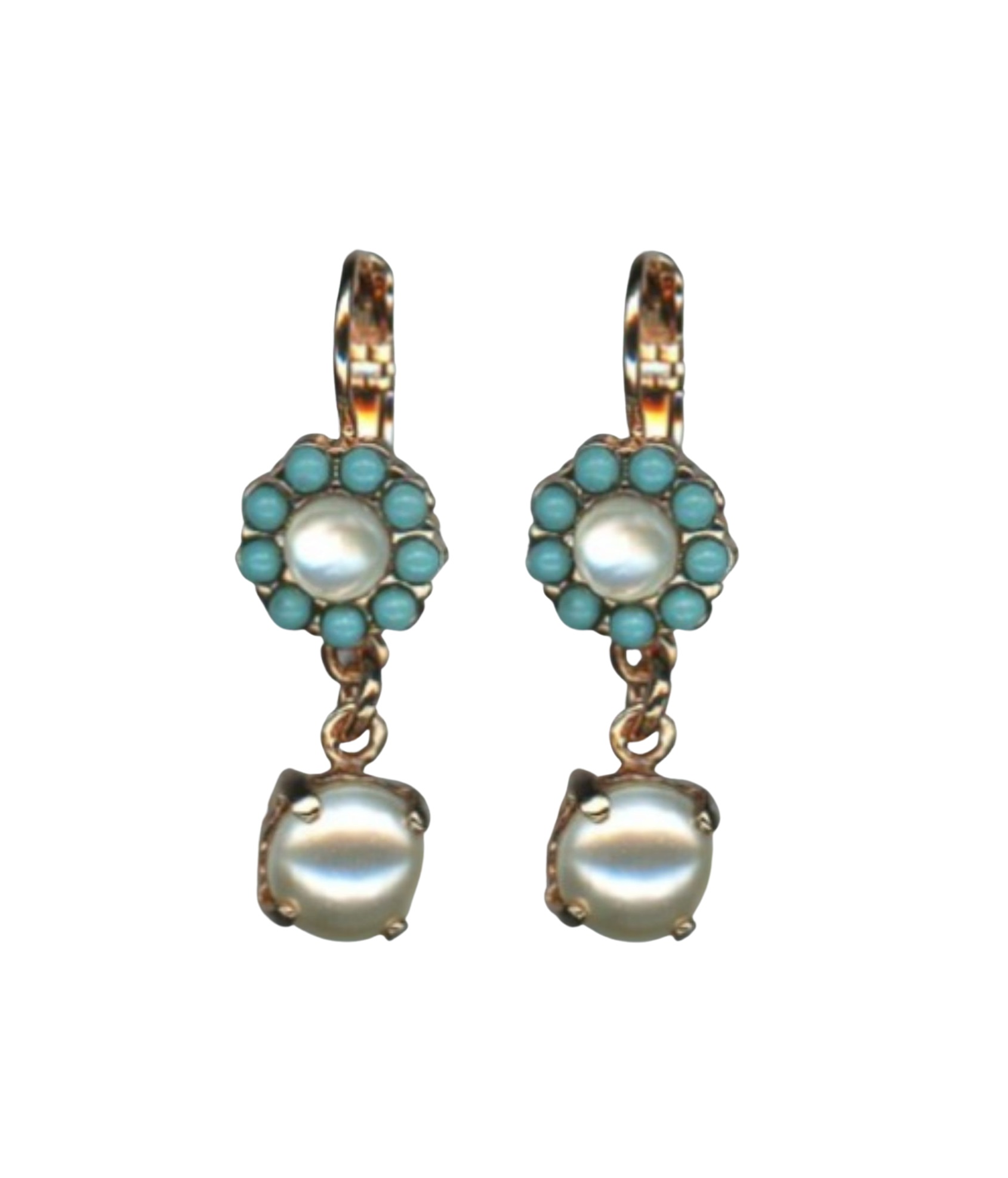 E-1153-M87-1-RG6 (1) Mariana Earrings Dangling Floral Turquoise Mineral & Cream Pearl Austrian Crystals New Moon Mystique Winter 2019 Coll. - Image 1