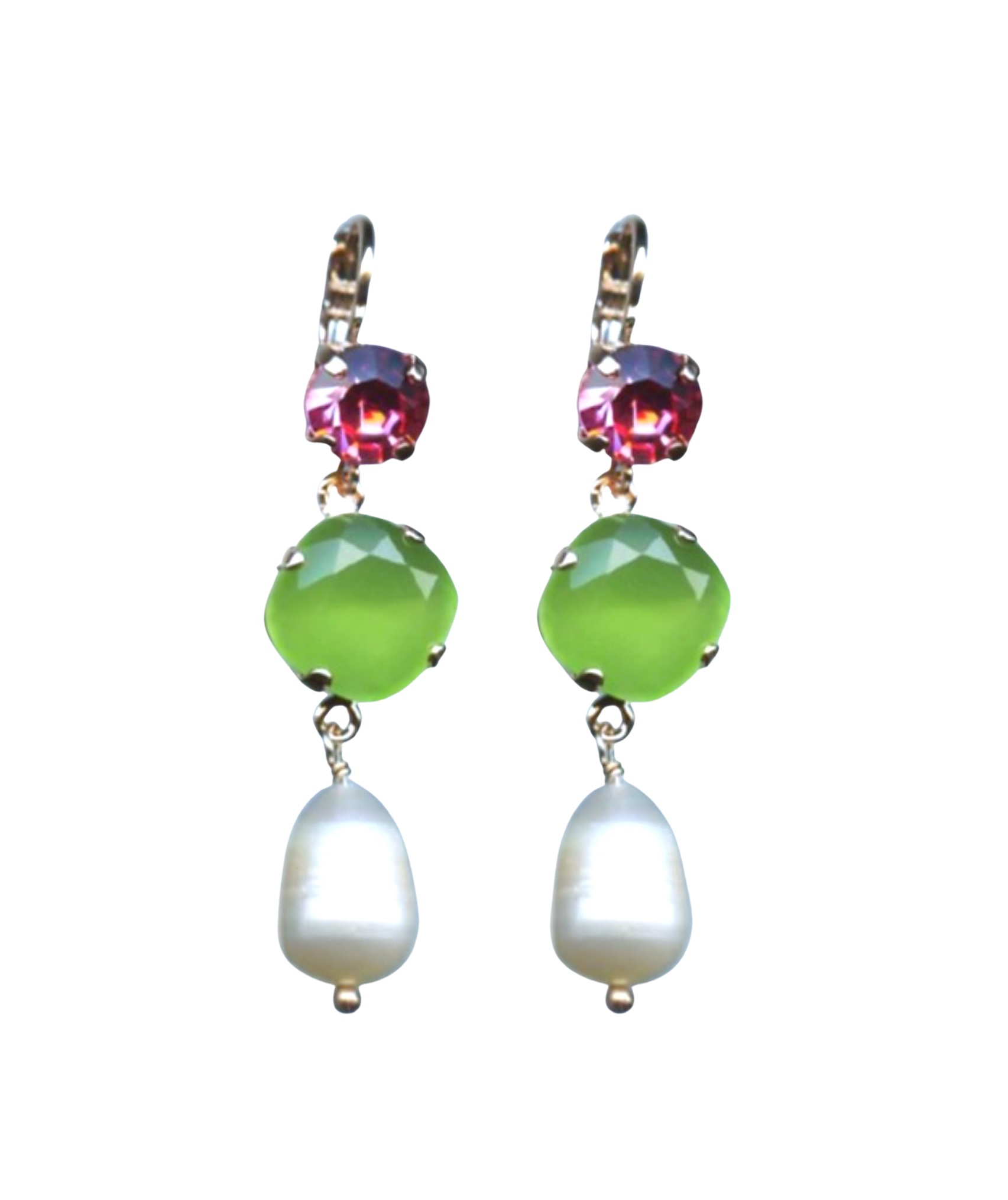 E-1326-9-M142-RG6 (1) Mariana Earrings Triple Tier Pearl Mineral, Fuchsia & Chrysolite Opal Austrian Crystals Winter 2019 Coll. - Image 1