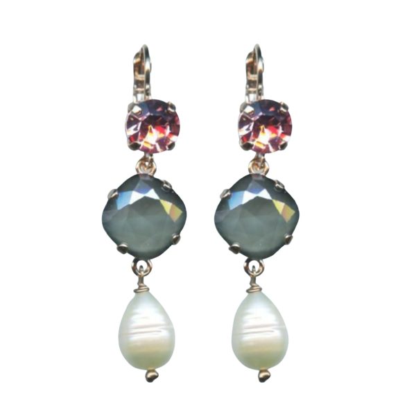 Mariana Earrings Triple Tier Pearl Mineral, Peach & Gray Opal Austrian Crystals Winter 2019 Coll.