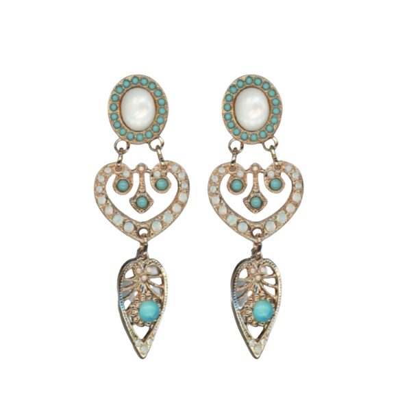 Mariana Earrings Finely Detailed White Shell & Turquoise Mineral w/ White Opal Austrian Crystals New Moon Mystique Winter 2019 Coll.