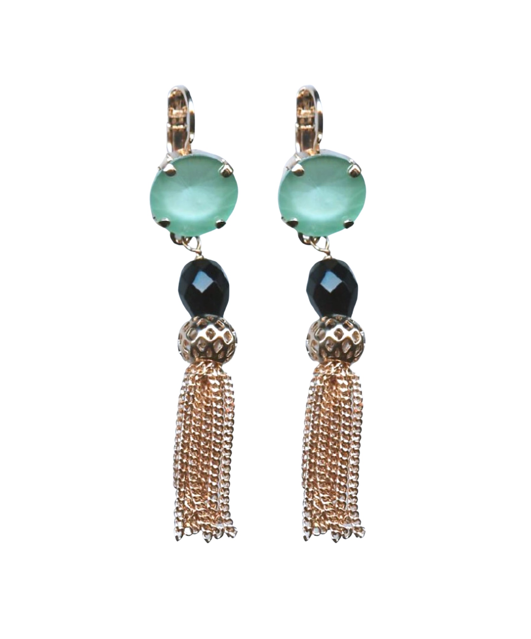 E-1423-5-125-RG6 (1) Earrings By Mariana Woman Gorgeous Tassel Pacific Opal and Jet Swarovski Crystals - Image 1