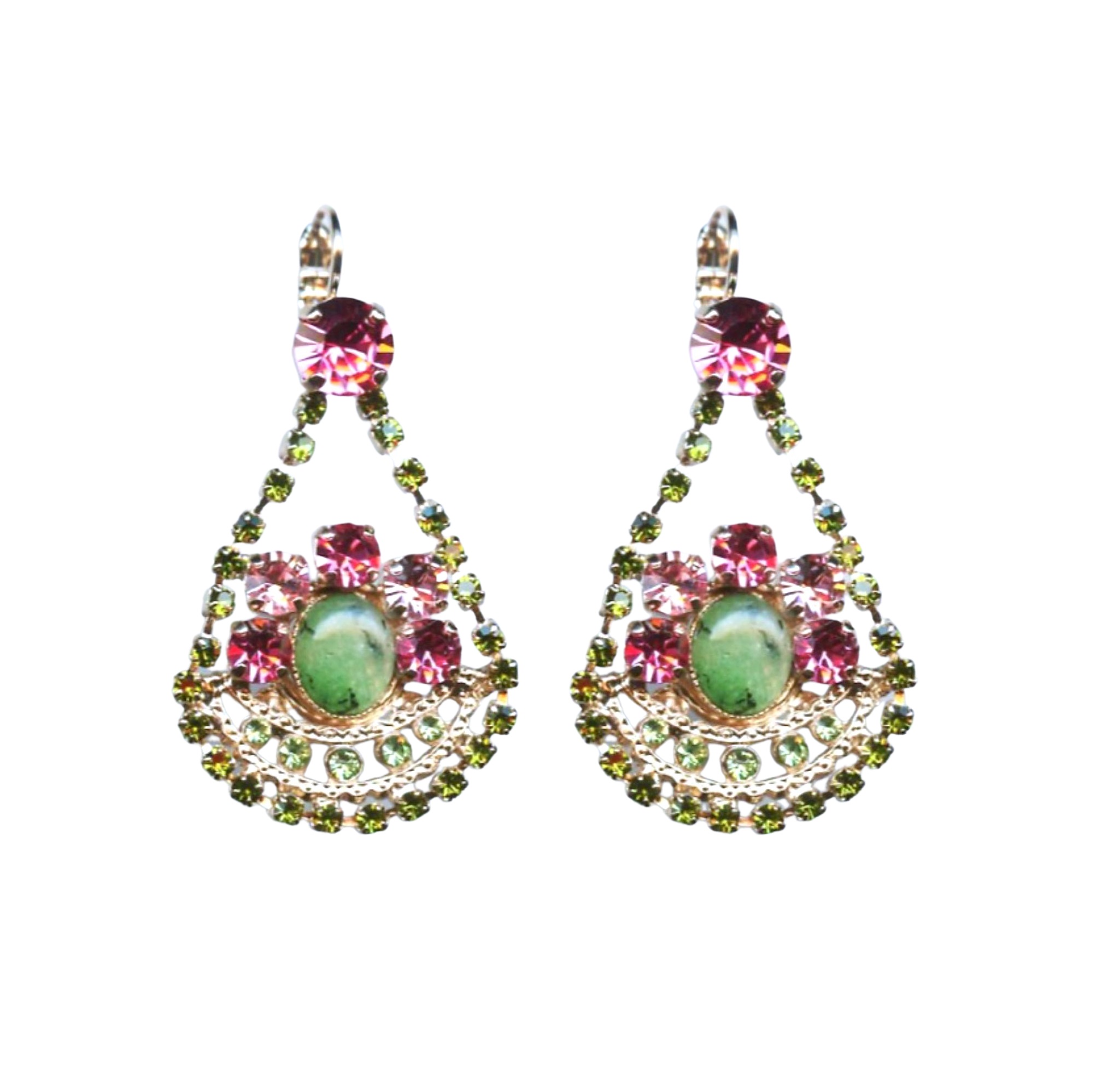 E-1428-M142-RG6- (1) Mariana Earrings Finely Detailed Turq Mineral, Greens & Pinks Austrian Crystals Winter 2019 Coll. - Image 1