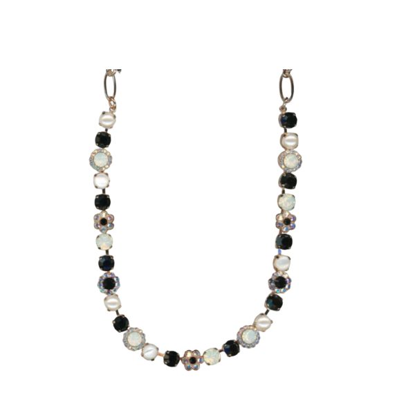 Mariana Necklace Dainty Floral in White Shell Mineral, Jet, AB, Pearl & White Opal Austrian Crystals Eclipse Mystique Coll.