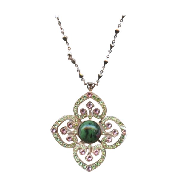 Mariana Necklace Pendant Green Aventurine Mineral, Lt Rose & Chrysolite Austrian Crystals Winter 2019 Coll.