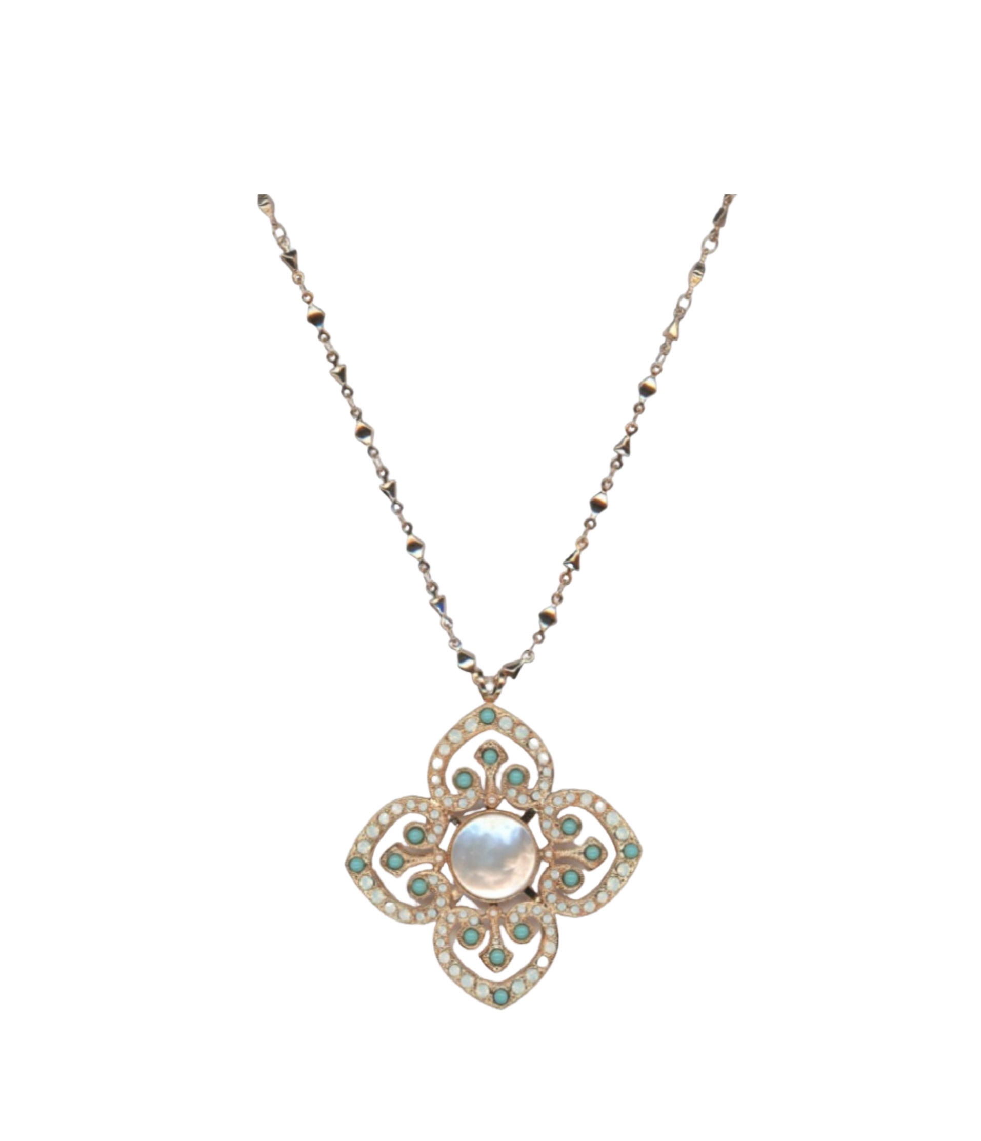 N-5050-M87-1-RG (3) Mariana Necklace Pendant Alluring White Shell & Turq Mineral w/ White Opal Austrian Crystals New Moon Mystique Winter 2019 Coll. - Image 1