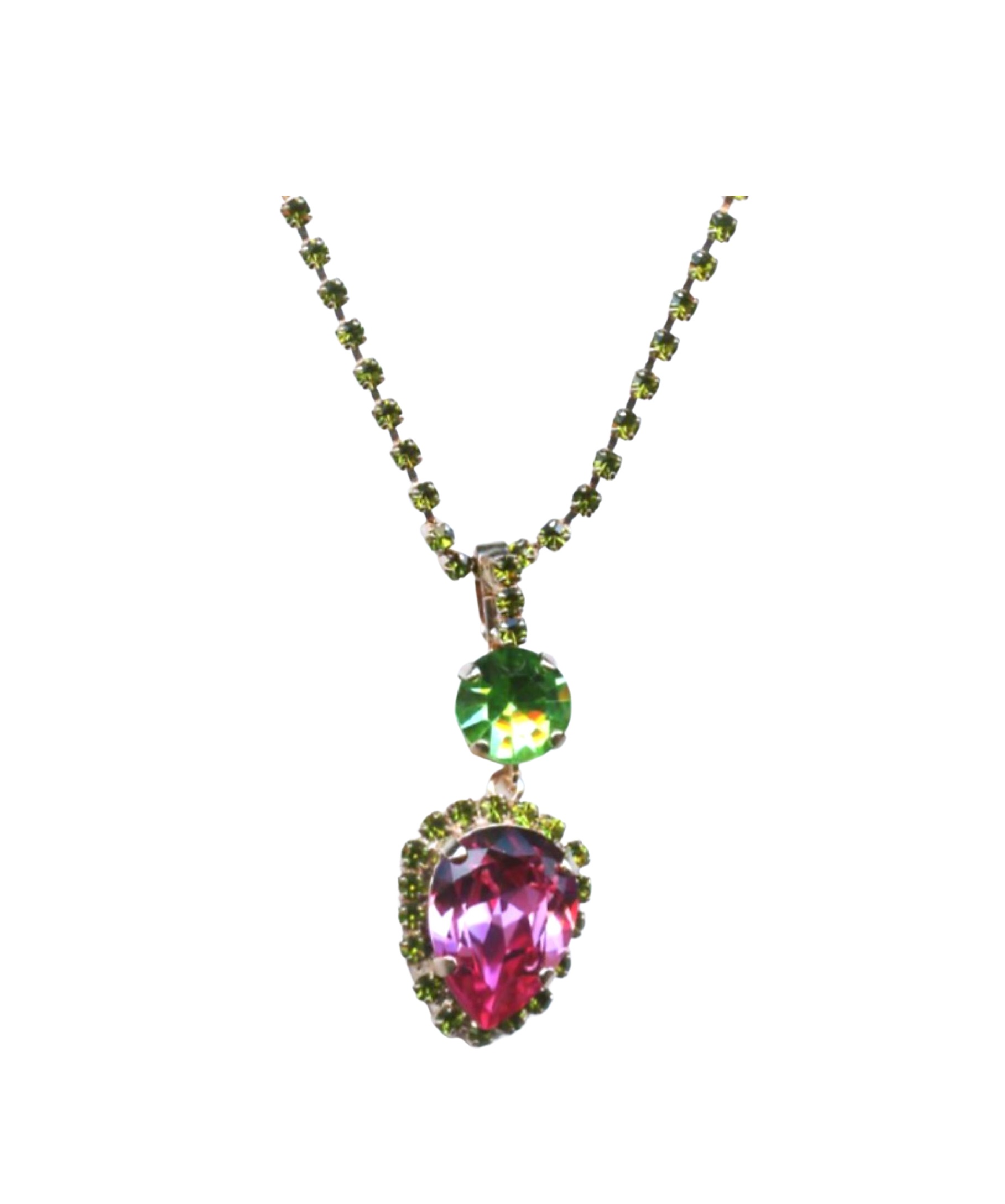 N-5098-90-142-RG- (1) Mariana Necklace Pendant Pear Shaped Rose & Olivine Austrian Crystals Winter 2019 Coll. - Image 1