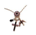 Necklace Pendant By Mariana Woman Floral Cross and Bird Rose and Black Swarovski Crystals