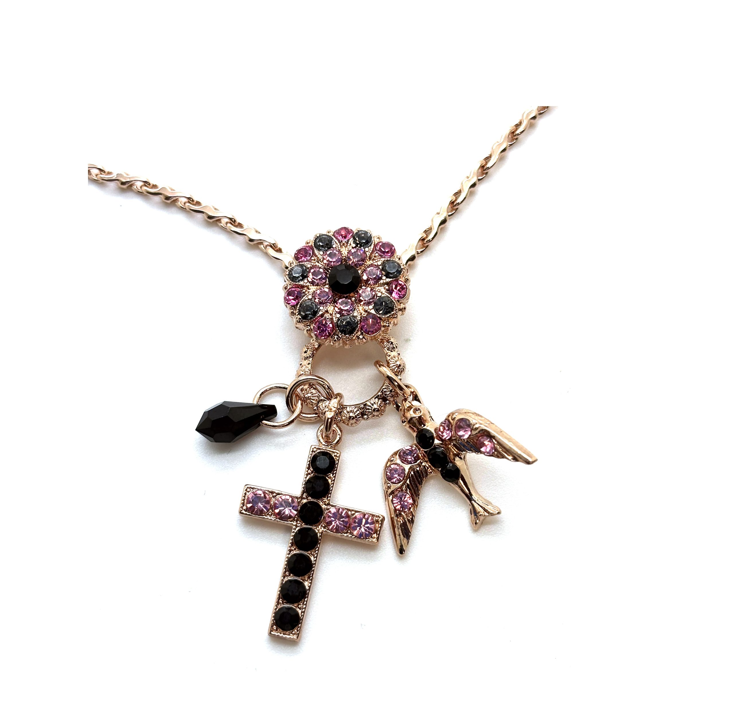 N-52025-143-RG (2) Necklace Pendant By Mariana Woman Floral Cross and Bird Rose and Black Swarovski Crystals - Image 1