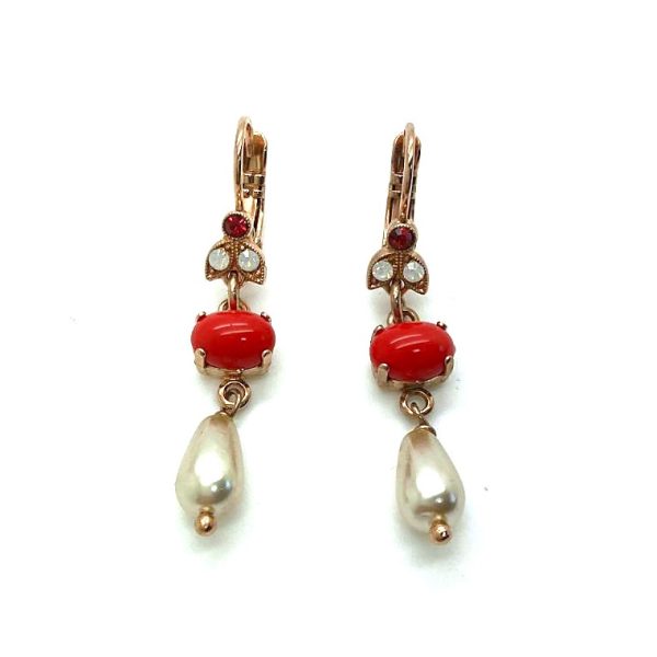 Mariana Earrings Gorgeous Cream Pearl. White Opal & Reds Austrian Crystals Joy of Life Happiness Coll.