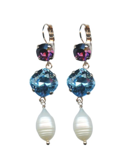 Mariana Earrings Triple Tier Pearl Mineral, Aquamarine & Amethyst Austrian Crystals Winter 2019 Coll.
