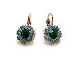 Mariana Earrings Flower Shape Robin Egg Blue & Forest Green Austrian Crystals Jade Silk Road Coll.