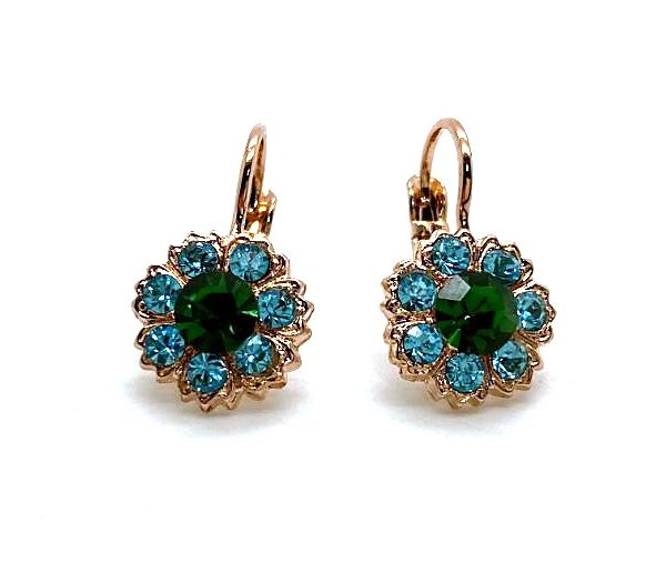 Mariana Earrings Flower Shape Robin Egg Blue & Forest Green Austrian Crystals Jade Silk Road Coll.