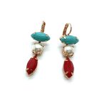 Mariana Earrings Fab Triple Tier Turq, Cream Pearl & Red Austrian Crystals Joy of Life Happiness Coll.