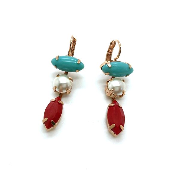 Mariana Earrings Fab Triple Tier Turq, Cream Pearl & Red Austrian Crystals Joy of Life Happiness Coll.