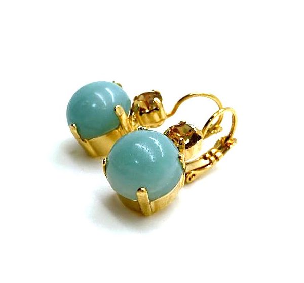 Mariana Earrings Round Amazonite Mineral & Lt Peach Austrian Crystals My Treasures Coll. Yellow Gold