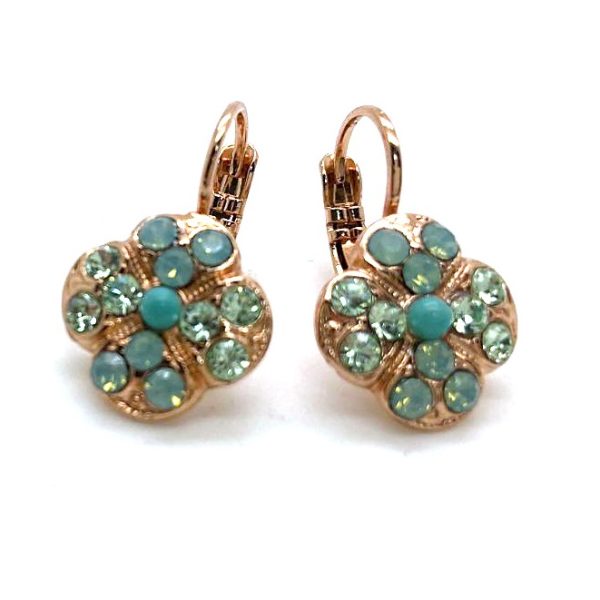 Mariana Earrings Clover Shaped Chrysolite, Pacific Opal & Turq Austrian Crystals Athena Odyssey 2018 Coll.