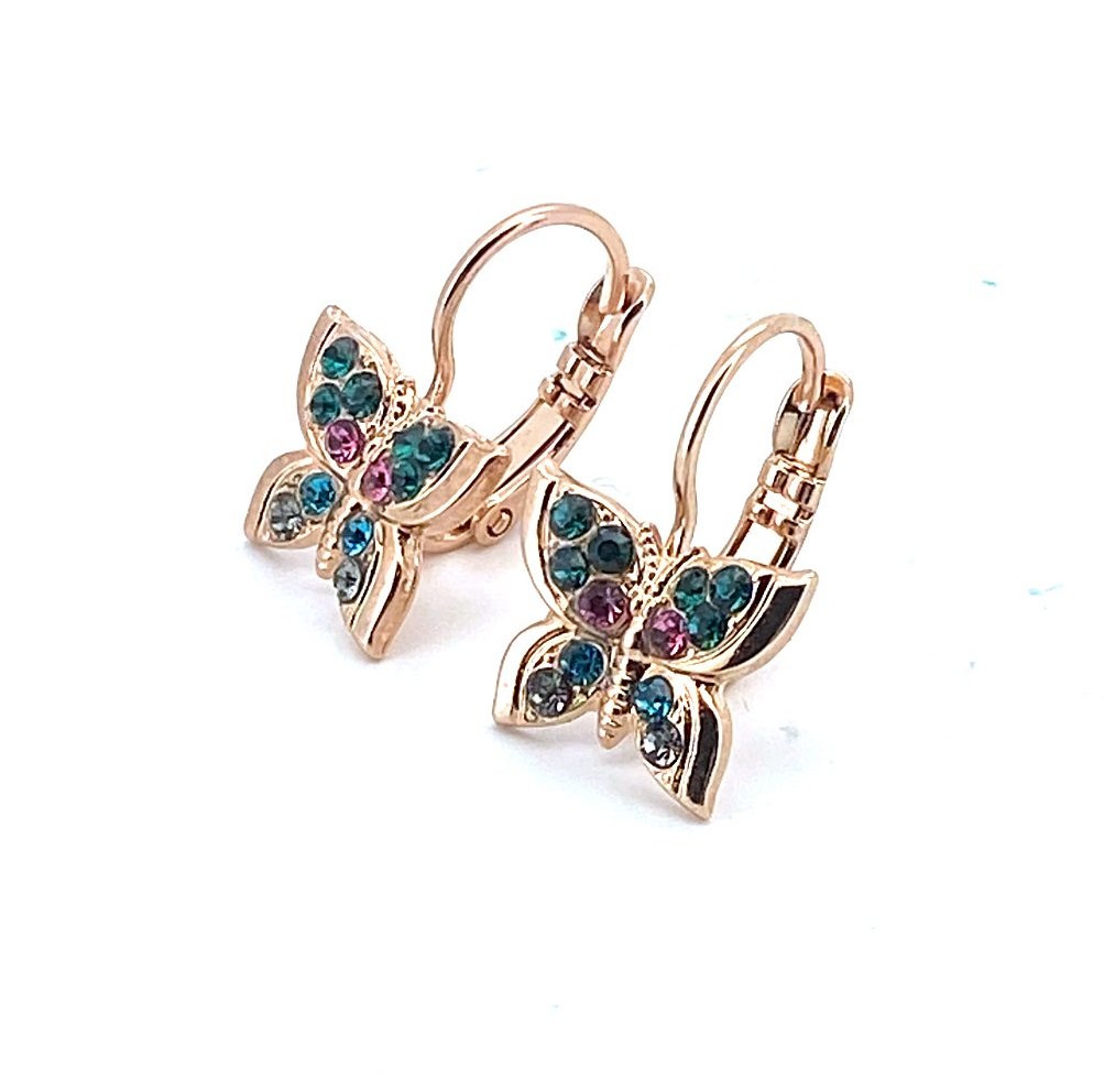 E-1155-1086-RG6 (1) Earrings By Mariana Woman Butterfly Emerald and Blue Zircon Swarovski Crystals RG - Image 1