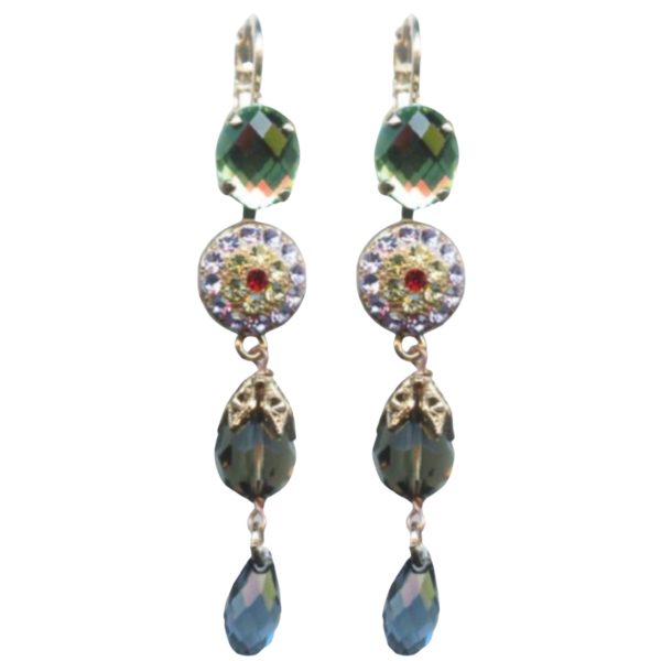 Mariana Earrings Elegant Olivine, Lt Amethyst, Siam, Blk Dia & Montana Austrian Crystals Gaea Odyssey 2018 Coll.