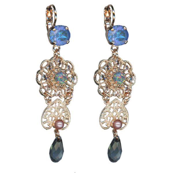 Mariana Earrings Exquisite Blues. Pink Pearl & Moonlight Austrian Crystals Blue Morpho My Butterfly Coll.