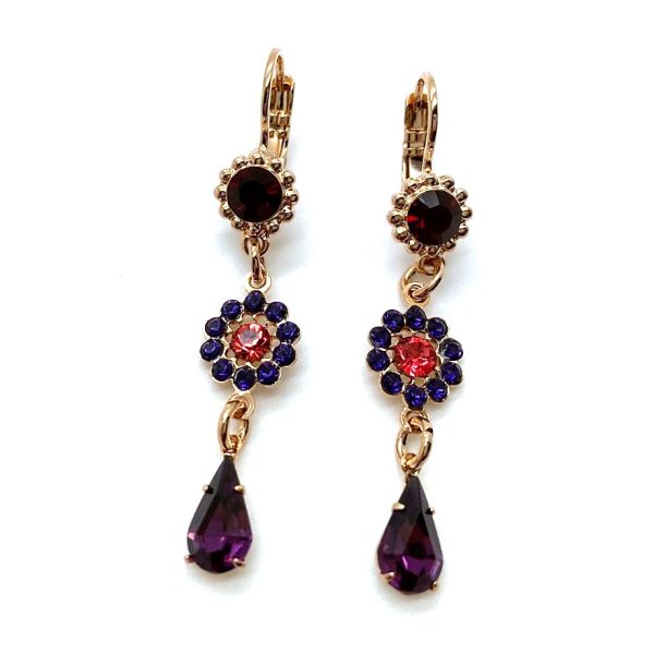 Mariana Earrings Dangling Floral in Purple Velvet, Peach & Ruby Austrian Crystals Xenia Odyssey 2018 Coll.