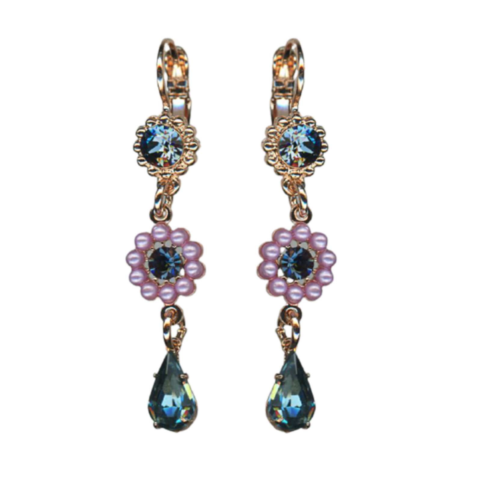 E-1111-1118-RG6(1) Mariana Earrings Dangling Floral in Montana Blue & Pink Pearl Austrian Crystals Blue Morpho My Butterfly Coll. - Image 1