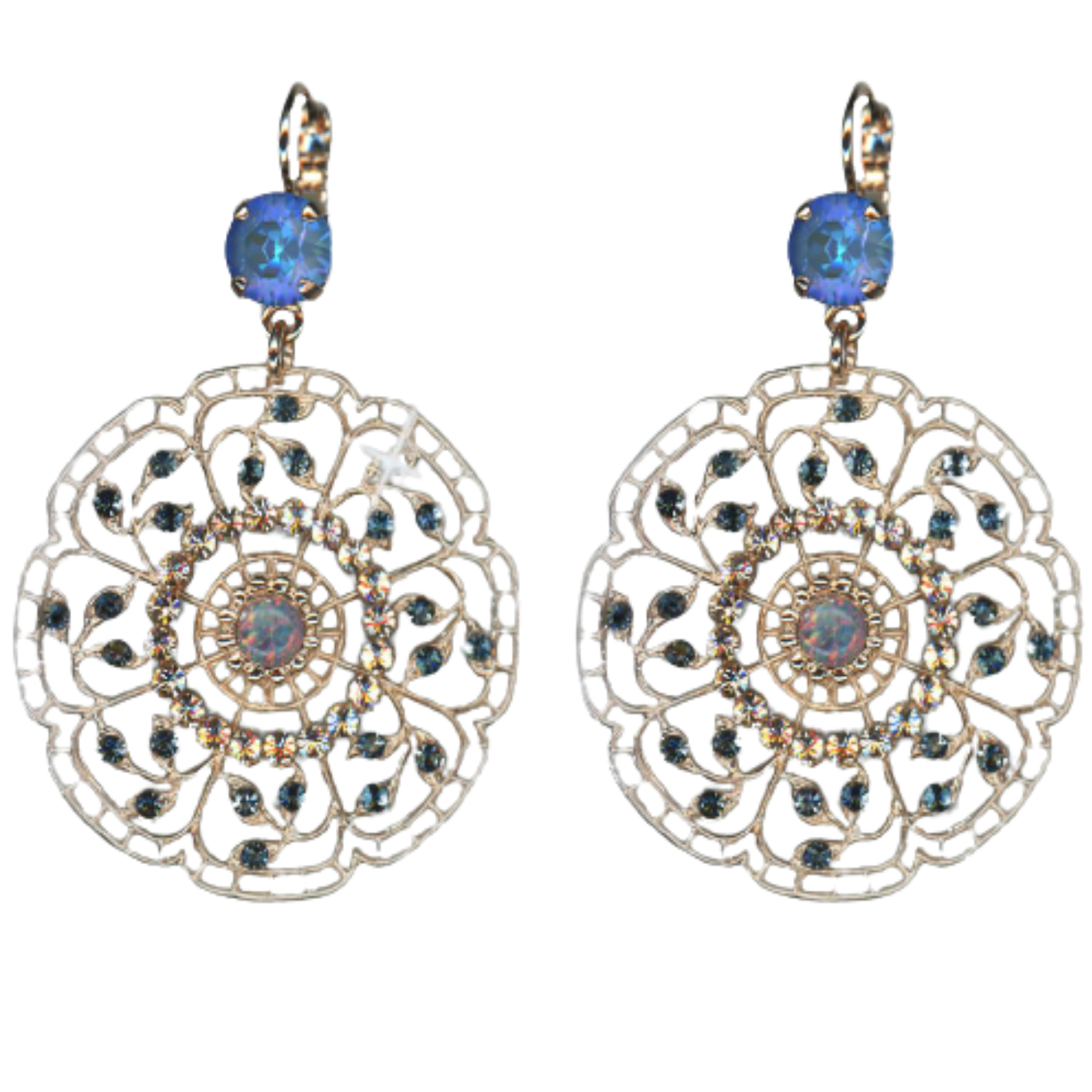 E-1210-1118-YG2(5) Mariana Earrings Boho Chic in Montana Blue, Peach & Caribbean Blue Opal Austrian Crystals Blue Morpho My Butterfly Coll. - Image 1