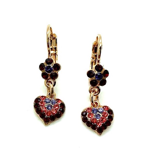 Mariana Earrings Heart & Floral Dangling in Purples, Peach & Siam Austrian Crystals Xenia Odyssey 2018 Coll.
