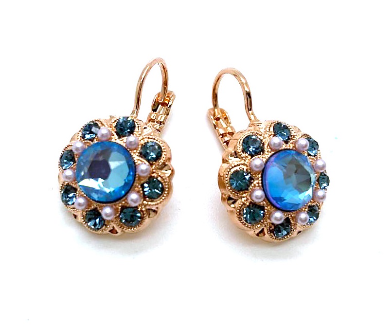 E-1417-1118-RG6 (3) Mariana Earrings Shimmering Floral in Blues & Pink Pearl Austrian Crystals Blue Morpho My Butterfly Coll. - Image 1