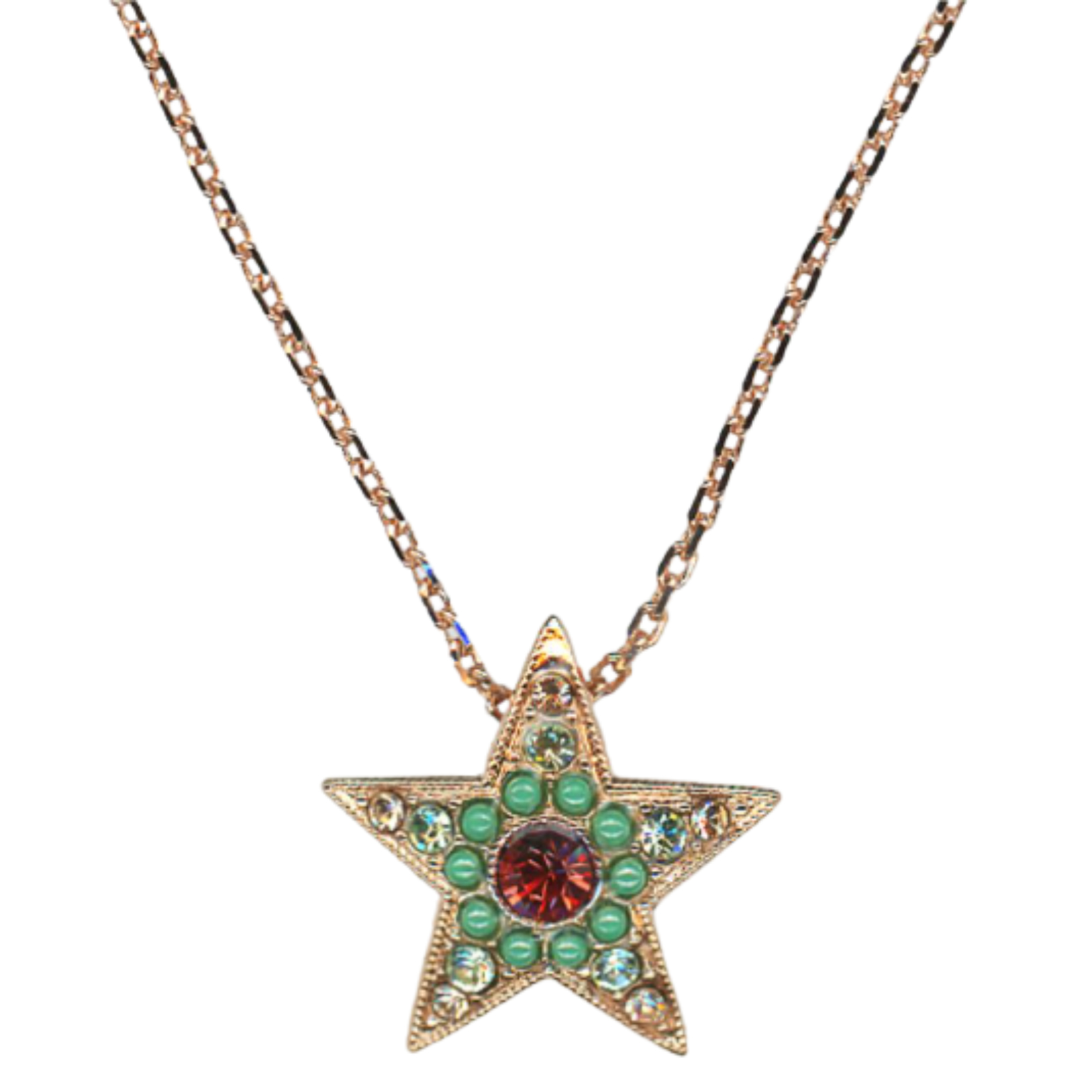 N-5094-1120-RG(1) Mariana Necklace Pendant Star Shaped in Greens, Padparadscha & Moonlight Austrian Crystals Boloria Dia My Butterfly Coll. - Image 1