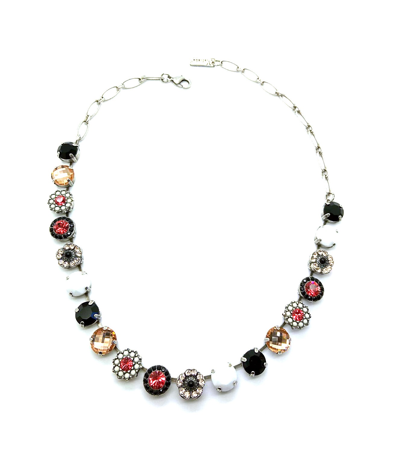 N-3084-1045-SP (2) Mariana Necklace Luxurious Jet, Padparascha, White Opal, Lt Peach & Lt Silk Austrian Crystals Pomegranate Silk Road Coll. - Image 1