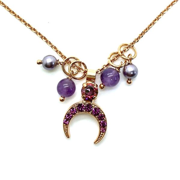 Mariana Necklace Pendant Wildberry / Misty Coll. Crescent Moon Amethyst Mineral, Iridescent Purple Pearl & Lt Amethyst Austrian Crystals