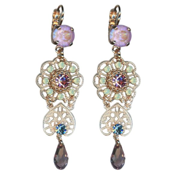 Mariana Earrings Dangling Floral in Purples, Lt Rose, Chrysolite Opal & Aquamarine Austrian Crystals Travelara My Butterfly Coll.