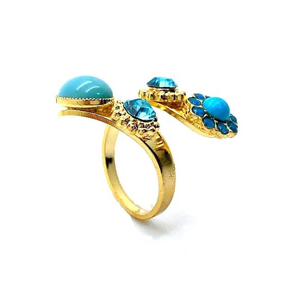 Mariana Ring Elegant Turq Mineral & Floral Blues Austrian Crystals Zambezi Africa Coll. Yellow Gold